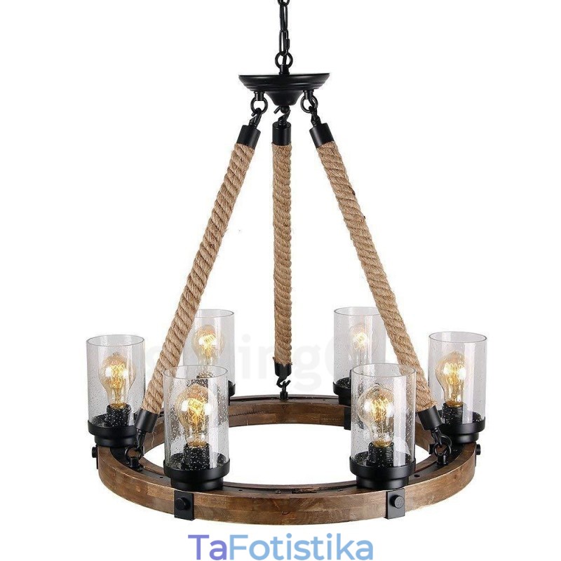 6 Light Ring Vintage Ξύλινος Πολυέλαιος Industrial Wind Loft Wood Γραμμικό κρεμαστό φωτιστικό