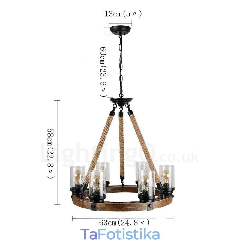 6 Light Ring Vintage Ξύλινος Πολυέλαιος Industrial Wind Loft Wood Γραμμικό κρεμαστό φωτιστικό