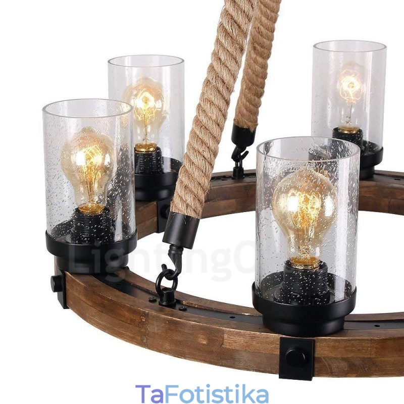 6 Light Ring Vintage Ξύλινος Πολυέλαιος Industrial Wind Loft Wood Γραμμικό κρεμαστό φωτιστικό
