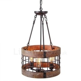 3 Light Drum Vintage Ξύλινος Πολυέλαιος Industrial Wind Loft Wood Γραμμικό κρεμαστό φωτιστικό