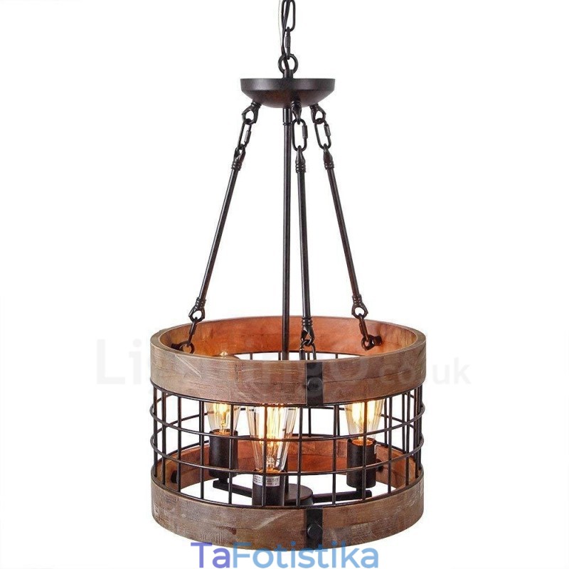 3 Light Drum Vintage Ξύλινος Πολυέλαιος Industrial Wind Loft Wood Γραμμικό κρεμαστό φωτιστικό