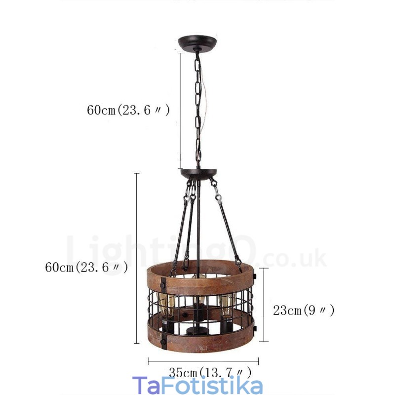 3 Light Drum Vintage Ξύλινος Πολυέλαιος Industrial Wind Loft Wood Γραμμικό κρεμαστό φωτιστικό