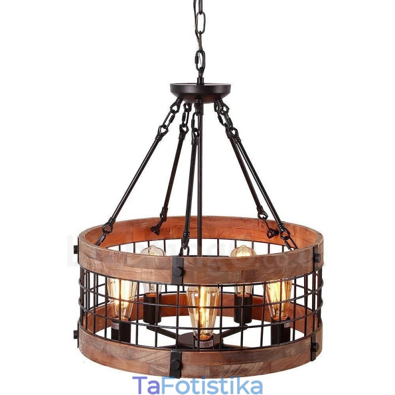 5 Light Drum Vintage Ξύλινος Πολυέλαιος Industrial Wind Loft Wood Γραμμικό κρεμαστό φωτιστικό