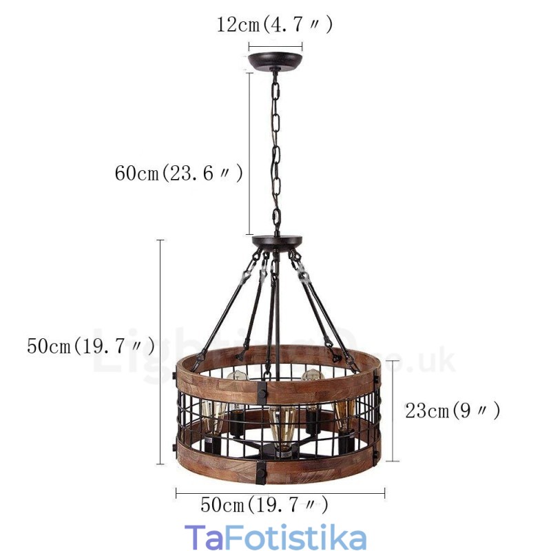 5 Light Drum Vintage Ξύλινος Πολυέλαιος Industrial Wind Loft Wood Γραμμικό κρεμαστό φωτιστικό