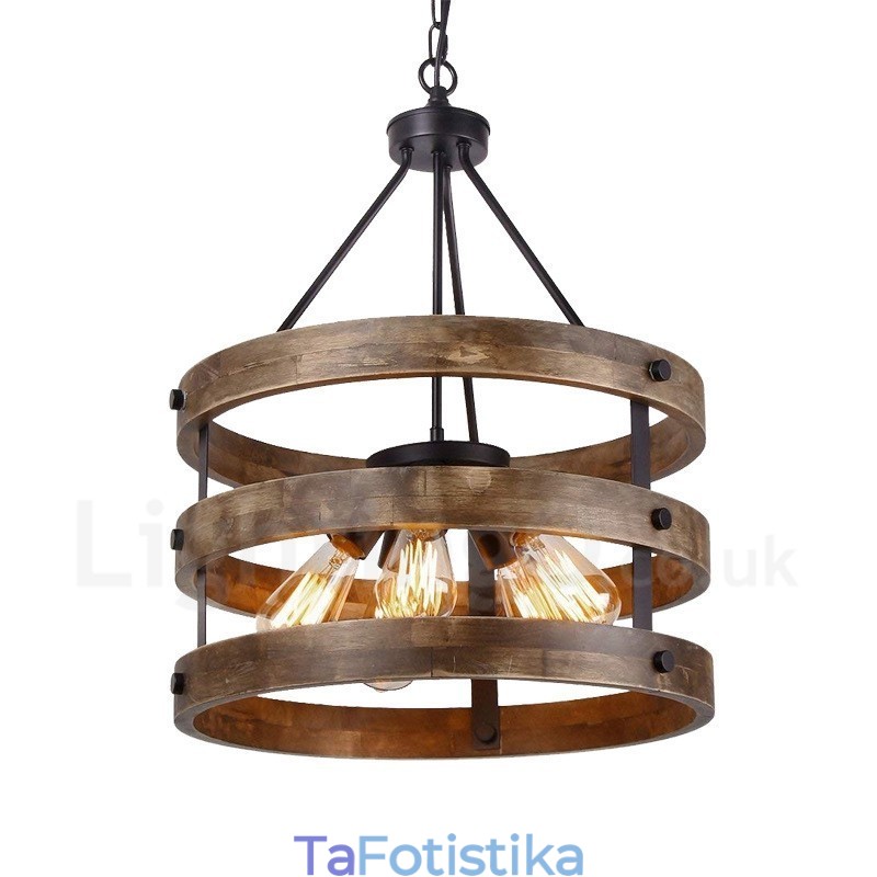 5 Light Drum Vintage Ξύλινος Πολυέλαιος Industrial Wind Loft Wood Γραμμικό κρεμαστό φωτιστικό