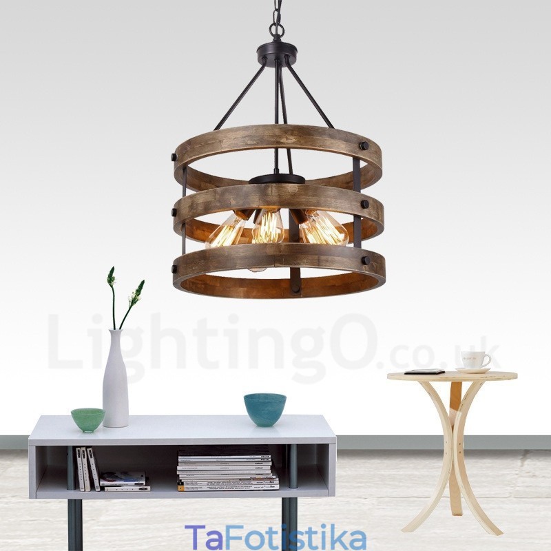 5 Light Drum Vintage Ξύλινος Πολυέλαιος Industrial Wind Loft Wood Γραμμικό κρεμαστό φωτιστικό
