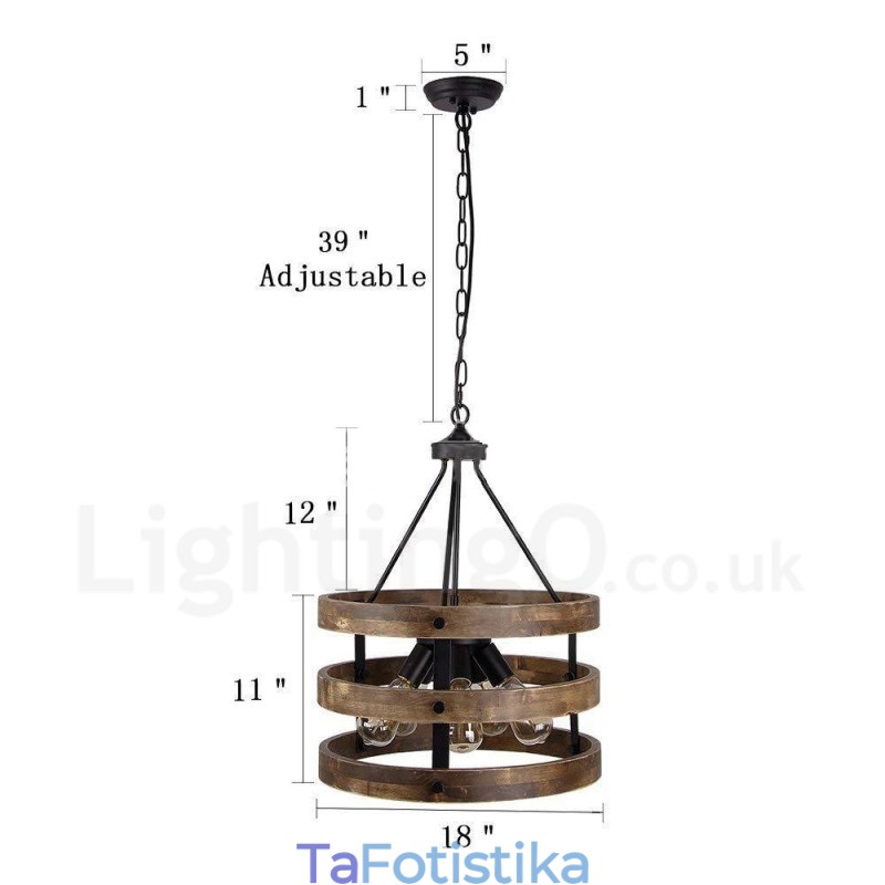5 Light Drum Vintage Ξύλινος Πολυέλαιος Industrial Wind Loft Wood Γραμμικό κρεμαστό φωτιστικό