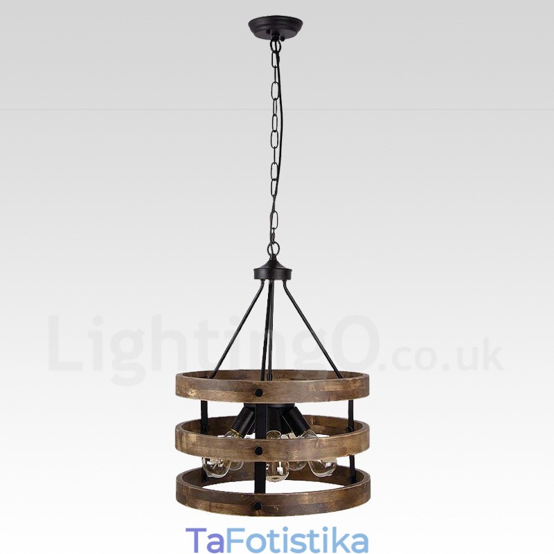 5 Light Drum Vintage Ξύλινος Πολυέλαιος Industrial Wind Loft Wood Γραμμικό κρεμαστό φωτιστικό