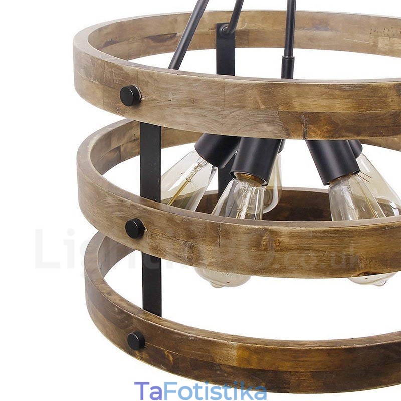 5 Light Drum Vintage Ξύλινος Πολυέλαιος Industrial Wind Loft Wood Γραμμικό κρεμαστό φωτιστικό