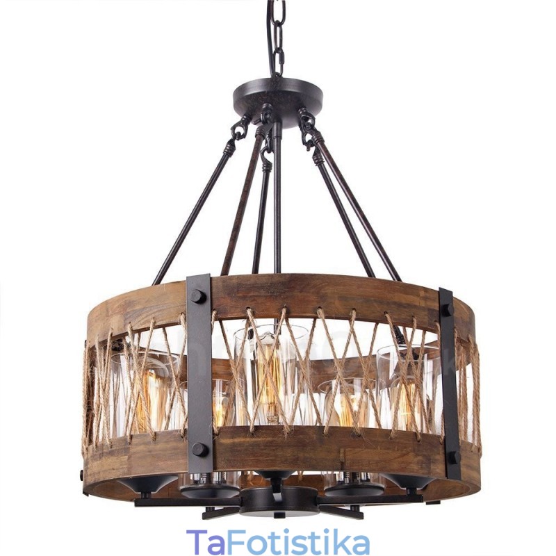 5 Light Drum Vintage Ξύλινος Πολυέλαιος Industrial Wind Loft Wood Γραμμικό κρεμαστό φωτιστικό