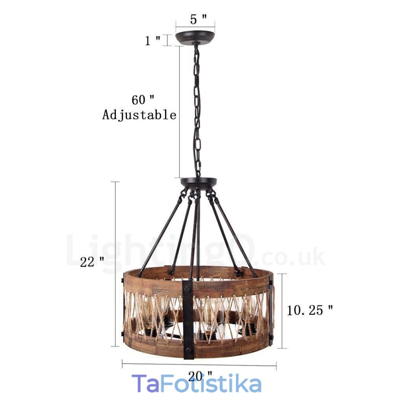 5 Light Drum Vintage Ξύλινος Πολυέλαιος Industrial Wind Loft Wood Γραμμικό κρεμαστό φωτιστικό