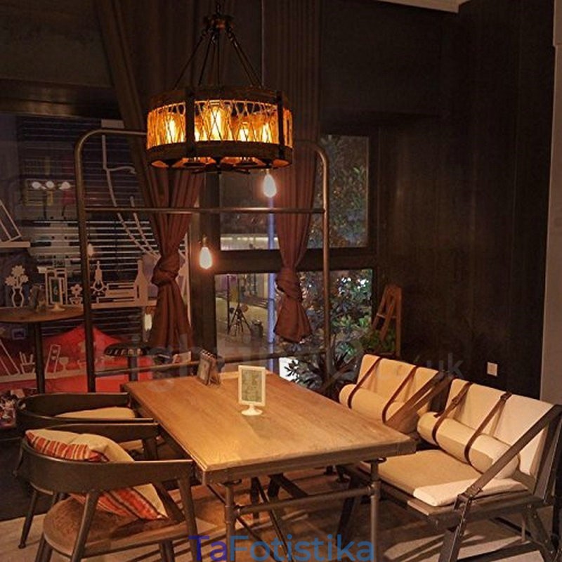 5 Light Drum Vintage Ξύλινος Πολυέλαιος Industrial Wind Loft Wood Γραμμικό κρεμαστό φωτιστικό