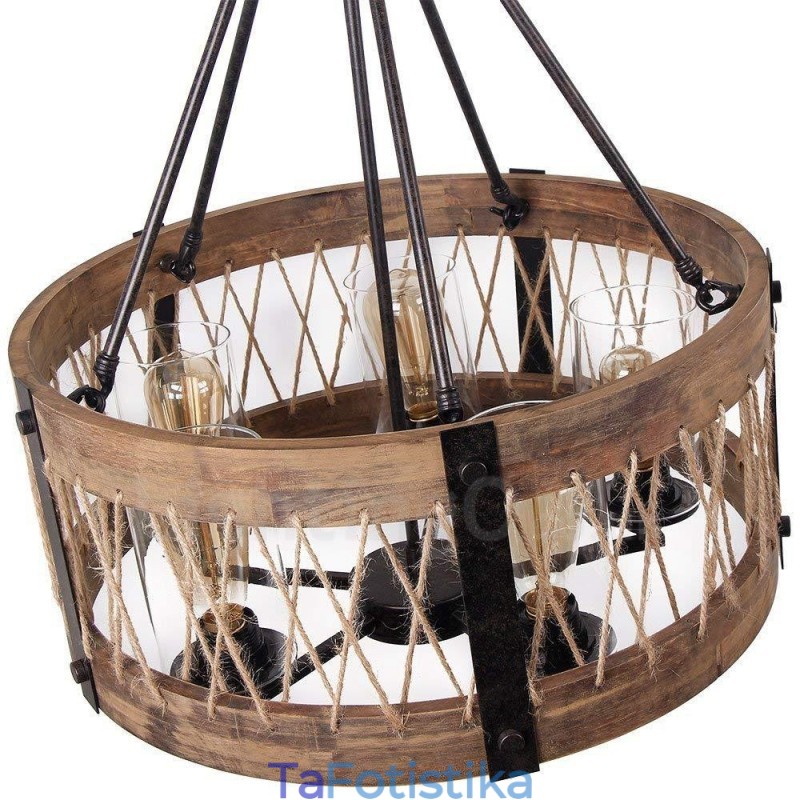 5 Light Drum Vintage Ξύλινος Πολυέλαιος Industrial Wind Loft Wood Γραμμικό κρεμαστό φωτιστικό