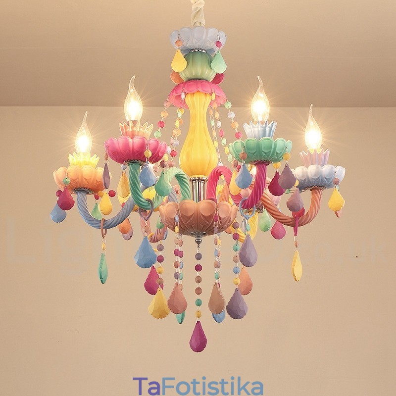 Macaron 6 Light Chandelier with Multi Colors Crystal Candle Mini Style for Kid's Children