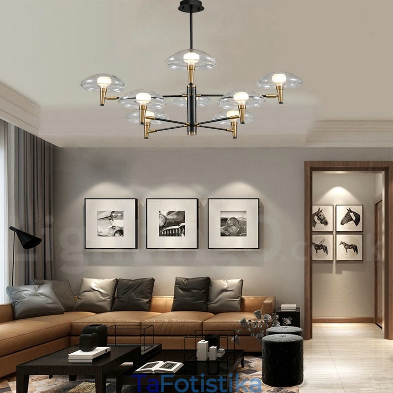 8 Light Uplight ηλεκτρολυμένο βαμμένο φινίρισμα πολυέλαιος με γυάλινες αποχρώσεις