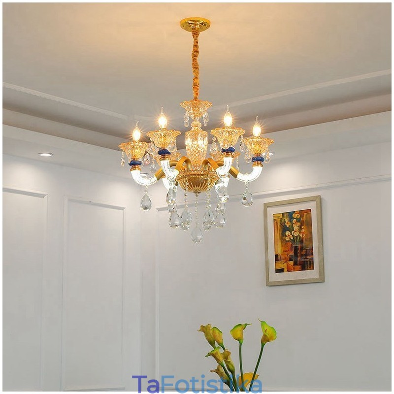 6 Light Modern Contemporary Champagne Candele Chandelier with Crystal