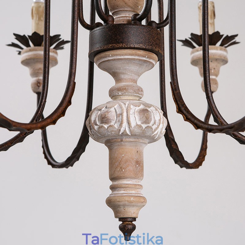 Country Vintage Ξύλινο 6 Φωτιστικό Πολυέλαιος
