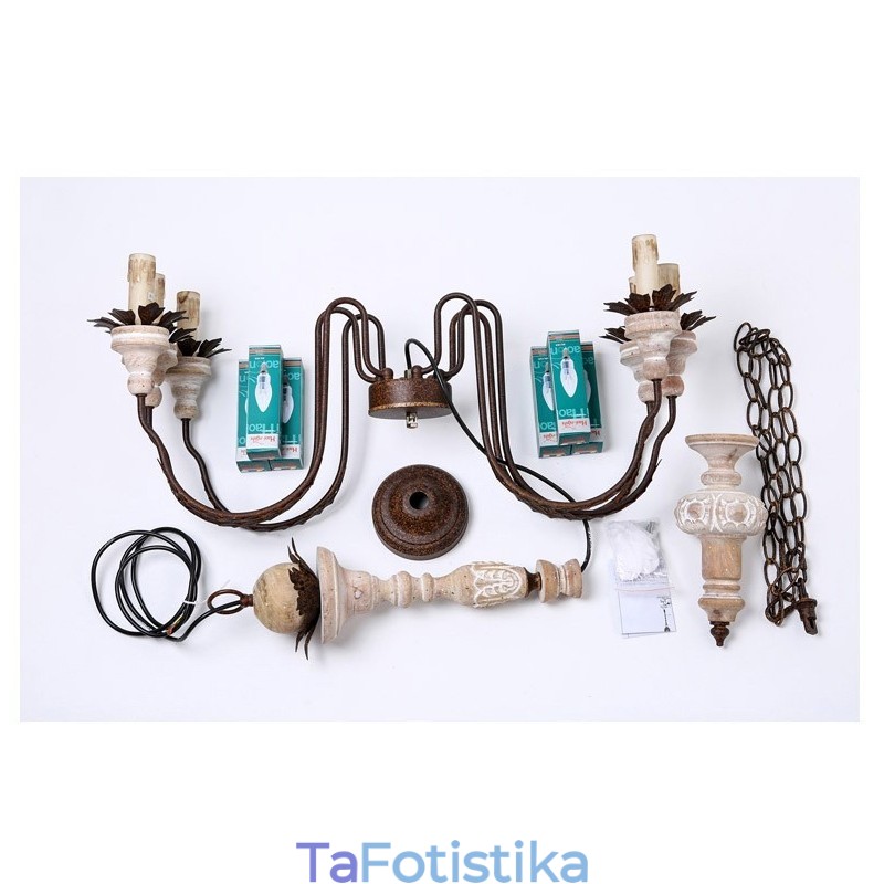 Country Vintage Ξύλινο 6 Φωτιστικό Πολυέλαιος