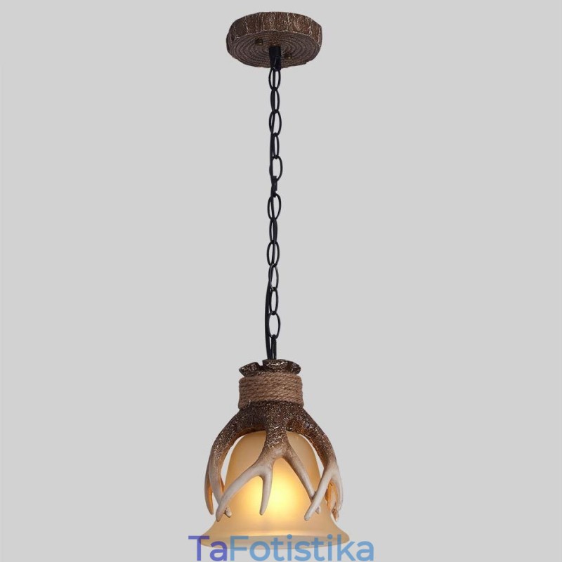 One Light Rustic Artistic Retro Antler Antique Φωτιστικό Κρεμαστό με Γυάλινη Απόχρωση