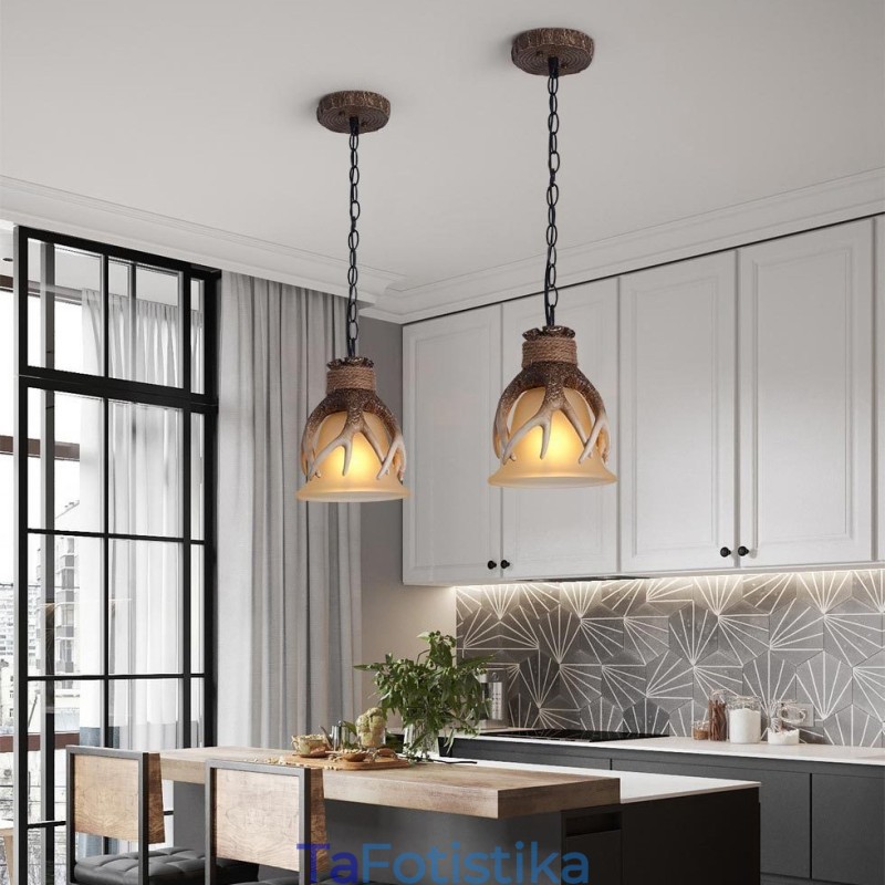 One Light Rustic Artistic Retro Antler Antique Φωτιστικό Κρεμαστό με Γυάλινη Απόχρωση