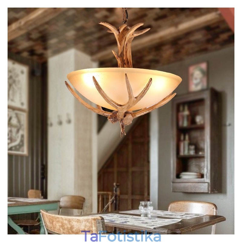 One Light Rustic Artistic Retro Antler Antique Φωτιστικό με Γυάλινη Απόχρωση