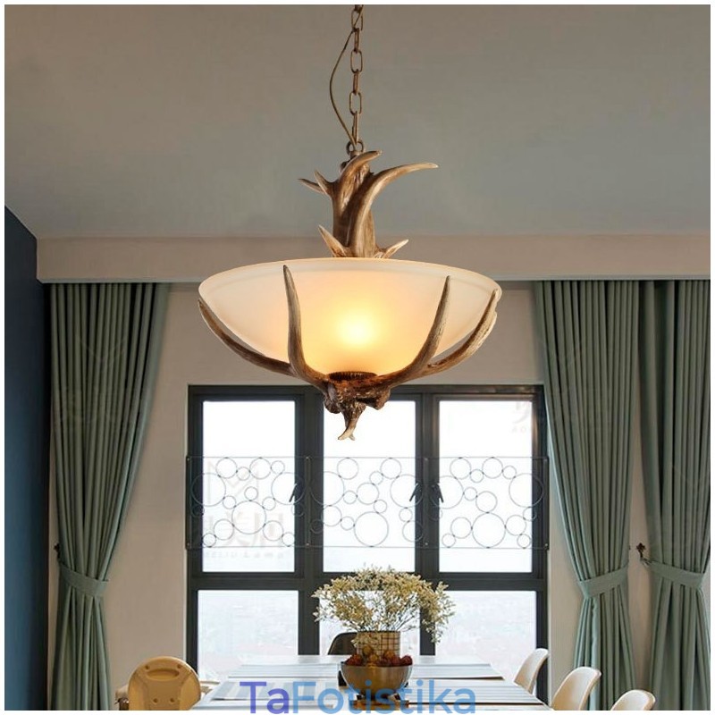 One Light Rustic Artistic Retro Antler Antique Φωτιστικό με Γυάλινη Απόχρωση