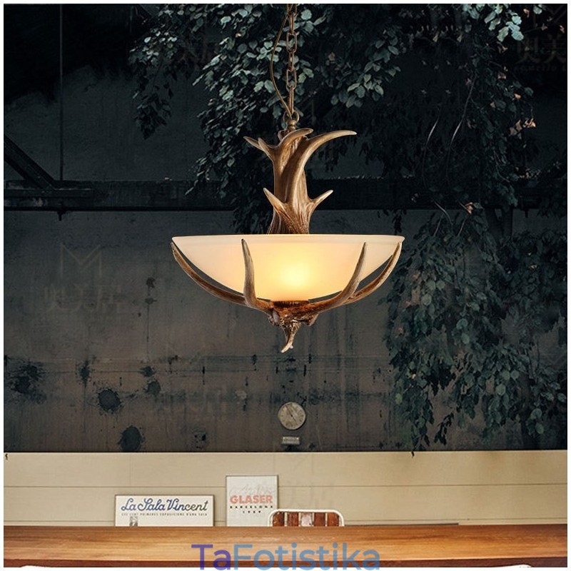 One Light Rustic Artistic Retro Antler Antique Φωτιστικό με Γυάλινη Απόχρωση