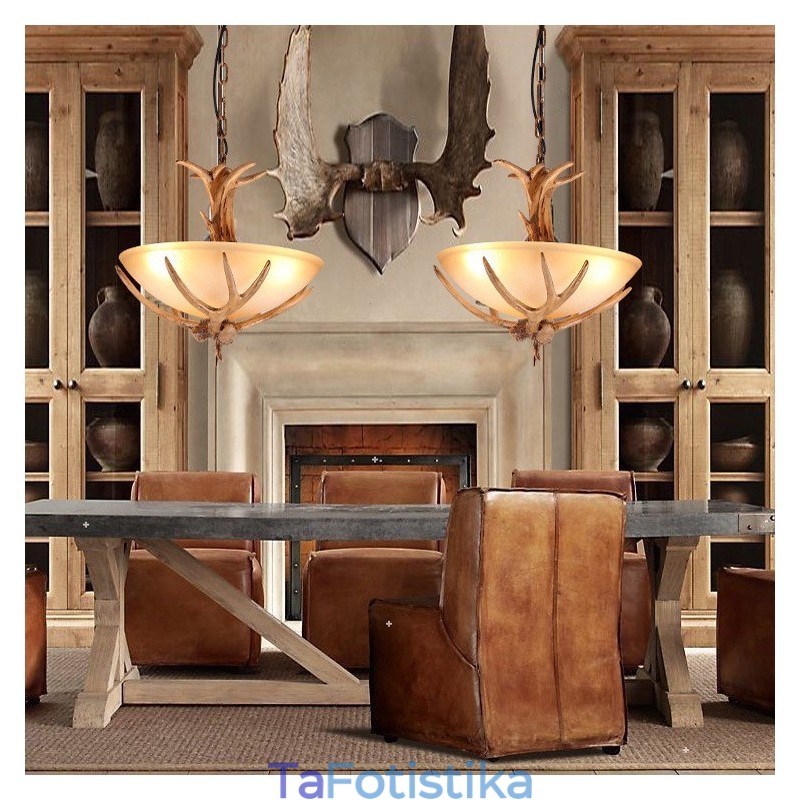 One Light Rustic Artistic Retro Antler Antique Φωτιστικό με Γυάλινη Απόχρωση