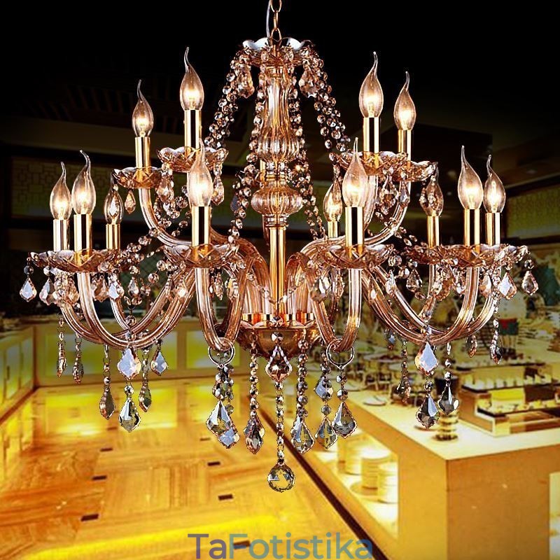 Ευρωπαϊκό Κρυστάλλινος Πολυέλαιος Κομψό Μεγάλο Κρεμαστό Φωτιστικό Κεχριμπάρι