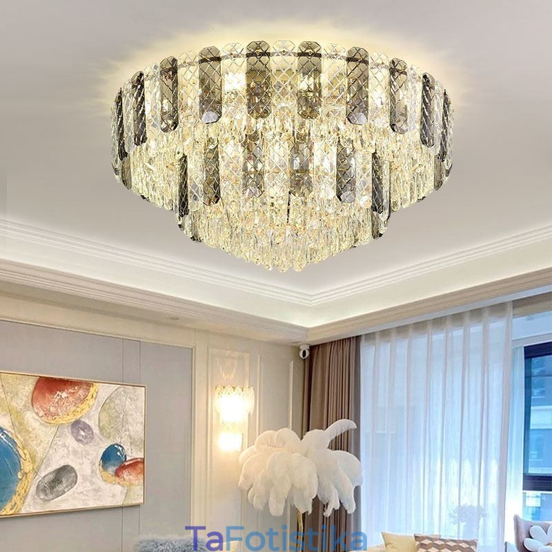 Crystal Flush Mount Διπλής Στρώσης Στρογγυλό Πολυτελές Διακοσμητικό Φωτιστικό Οροφής 80εκ