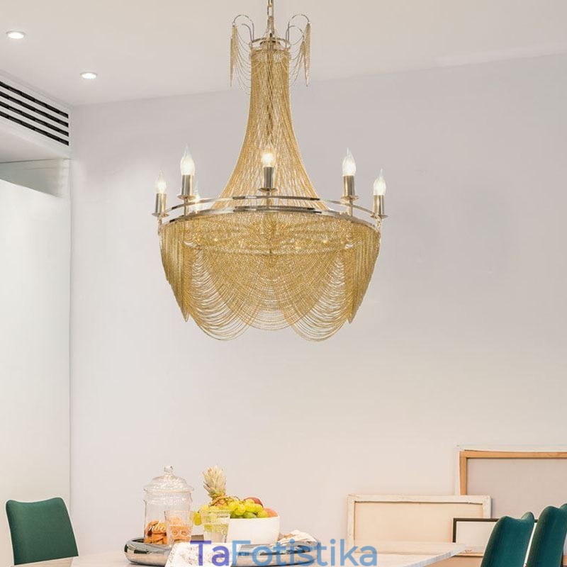 Κρεμαστό Φωτιστικό Αλυσίδας Αλουμινίου Creative Light Πολυτελής Φούντα Διακοσμητικό Ανοιχτό Χρυσό Ασημί