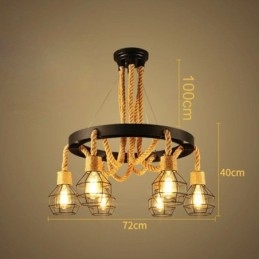 Retro Style 6 Heads Κρεμαστό πολυέλαιος από σχοινί κάνναβης με σιδερένιο αμπαζούρ