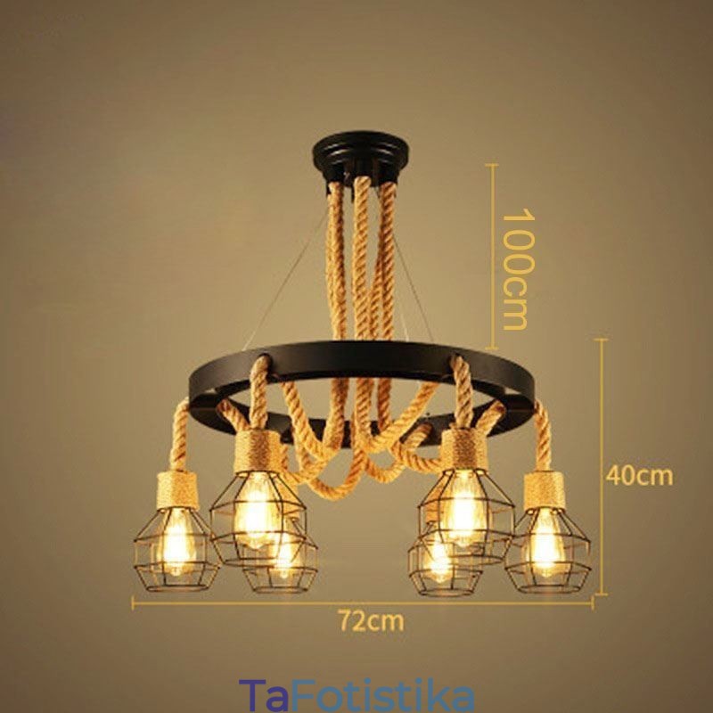 Retro Style 6 Heads Κρεμαστό πολυέλαιος από σχοινί κάνναβης με σιδερένιο αμπαζούρ