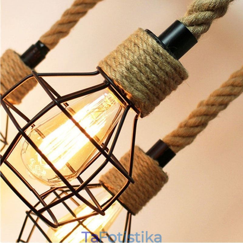 Retro Style 6 Heads Κρεμαστό πολυέλαιος από σχοινί κάνναβης με σιδερένιο αμπαζούρ