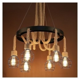 Retro Style 6 Heads Κρεμαστό πολυέλαιος από σχοινί κάνναβης με σιδερένιο αμπαζούρ