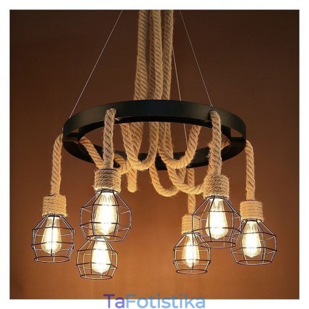 Retro Style 6 Heads Κρεμαστό πολυέλαιος από σχοινί κάνναβης με σιδερένιο αμπαζούρ Retro Style 6 Heads Κρεμαστό πολυέλαιος από σχοινί κάνναβης με σιδερένιο αμπαζούρ