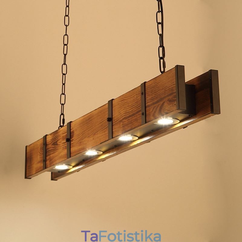 Κρεμαστό Φωτιστικό Industrial Style Ορθογώνιο Ξύλινο Φωτιστικό Οροφής Island