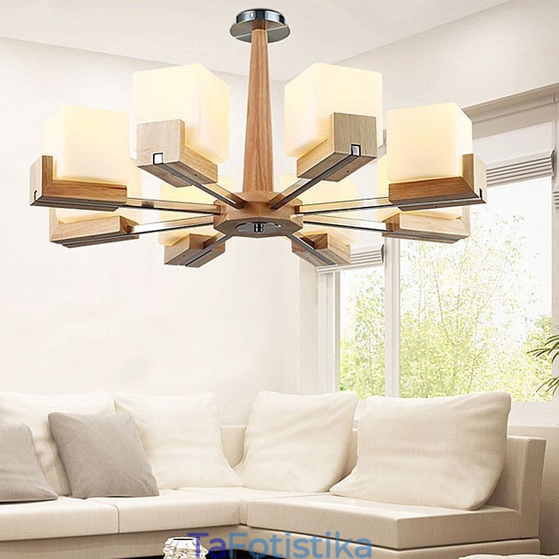 Πολυέλαιος αμπαζούρ με κρεμαστό ξύλο Nordic Wood Light Glass
