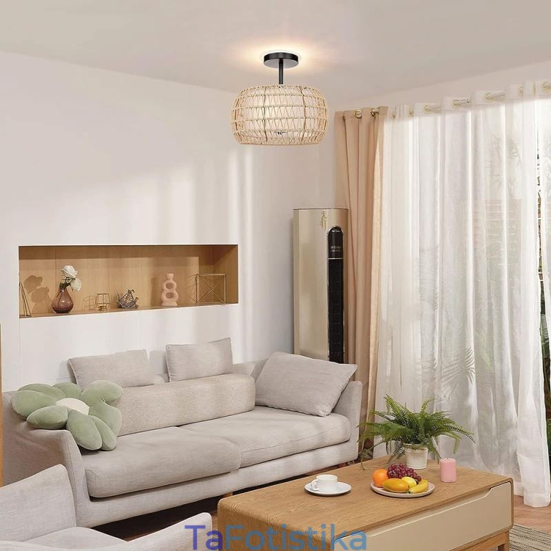 Χάρτινο Σχοινί Υφασμάτινο Φλος Βάση 32cm Στρογγυλό Αμπαζούρ 3 Φώτα