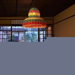 Κρεμαστό με μπαμπού και ρατάν ανοιχτόχρωμο ριγέ Χειροποίητο φωτιστικό οροφής
