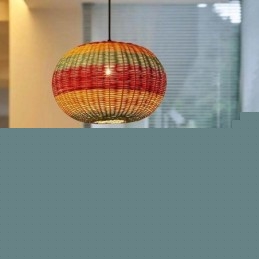 Κρεμαστό με μπαμπού και ρατάν ανοιχτόχρωμο ριγέ Χειροποίητο φωτιστικό οροφής