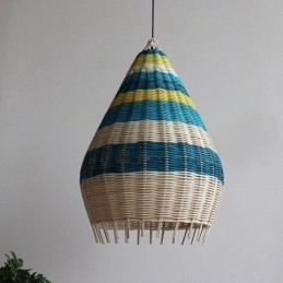 Χειροποίητο Φωτιστικό Οροφής Αμπαζούρ με ριγέ ανοιχτό μπαμπού και ρατάν