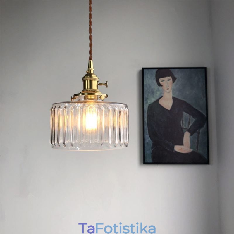 Κρεμαστό φωτιστικό από γυάλινο διάφανο βάζο με ραβδώσεις με διακόπτη περιστροφής