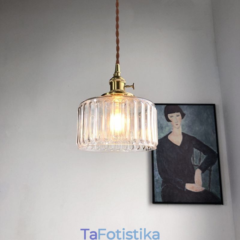 Κρεμαστό φωτιστικό από γυάλινο διάφανο βάζο με ραβδώσεις με διακόπτη περιστροφής
