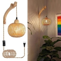 Απλίκα τοίχου Bamboo American Pastoral Retro Φωτιστικό τοίχου από σχοινί κάνναβης με βύσμα