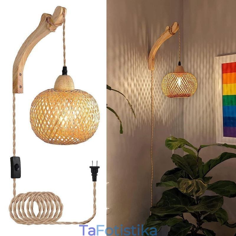 Απλίκα τοίχου Bamboo American Pastoral Retro Φωτιστικό τοίχου από σχοινί κάνναβης με βύσμα