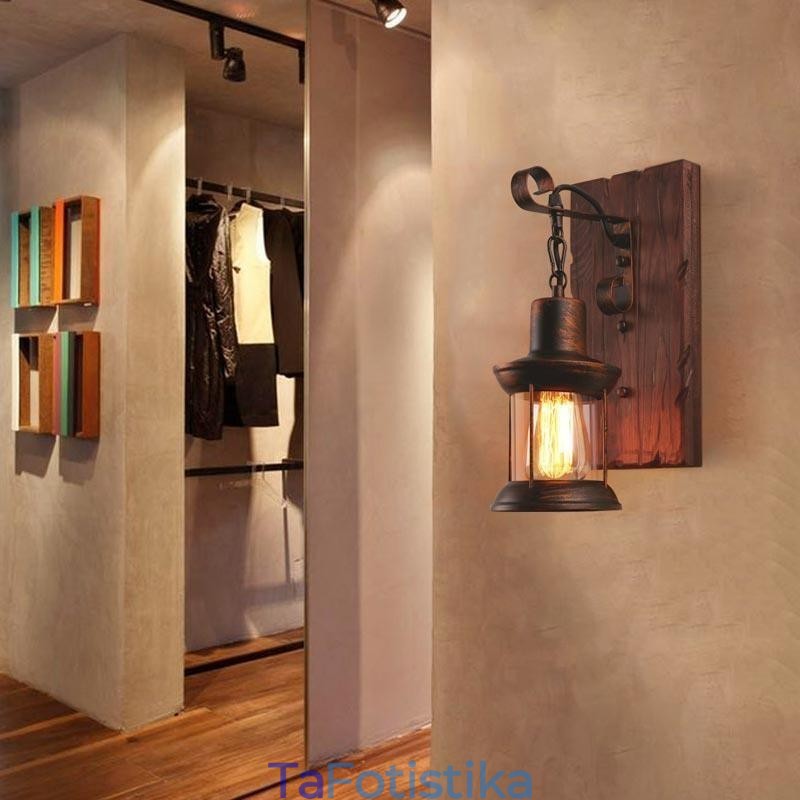 American Vintage Φωτιστικό τοίχου Industrial LOFT Απλίκα τοίχου από γυαλί από μασίφ ξύλο Φωτιστικό