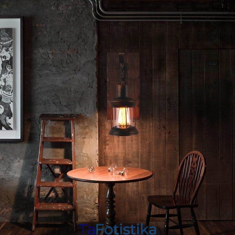 American Vintage Φωτιστικό τοίχου Industrial LOFT Απλίκα τοίχου από γυαλί από μασίφ ξύλο Φωτιστικό
